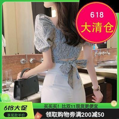 169957/复古港风泡泡袖系带后背镂空蝴蝶结短款蕾丝衫上衣女
