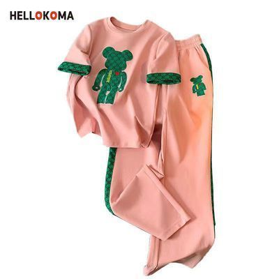 180859/HELLO KOMA 两件套装休闲运动女夏时尚洋气减龄短袖圆领阔腿裤
