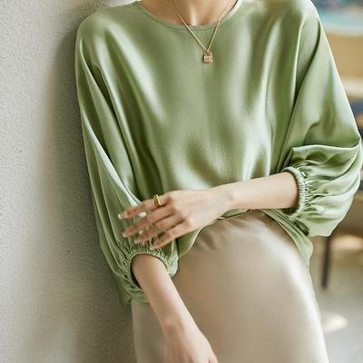 185007/重磅真丝衬衫女夏季法式高级感气质桑蚕丝蝙蝠袖缎面垂感别致上衣