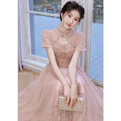 185407/粉色晚礼服裙女宴会气质学生艺考毕业主持人小礼服平时可穿高级感