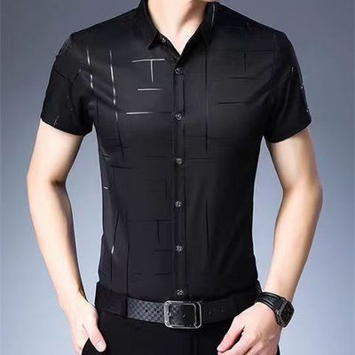 171513/花花正品短袖衬衫男中年真口袋高档冰丝衬衣印花免烫大码衬衣男【6月30日发完】