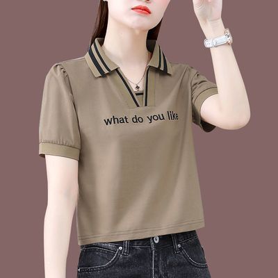 176369/【100%纯棉】polo领短款t恤女短袖2022设计感洋气减龄小个子上衣