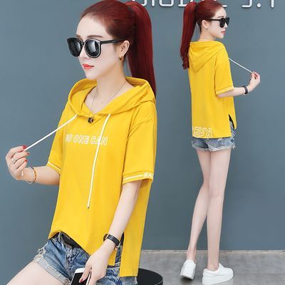 175067/纯棉2022夏季新款t恤女连帽短袖韩版宽松不规则开叉洋气百搭上衣