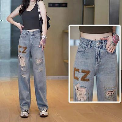 175471/复古破洞阔腿牛仔裤女夏季薄款重工柳钉设计感垂坠感宽松直筒拖地
