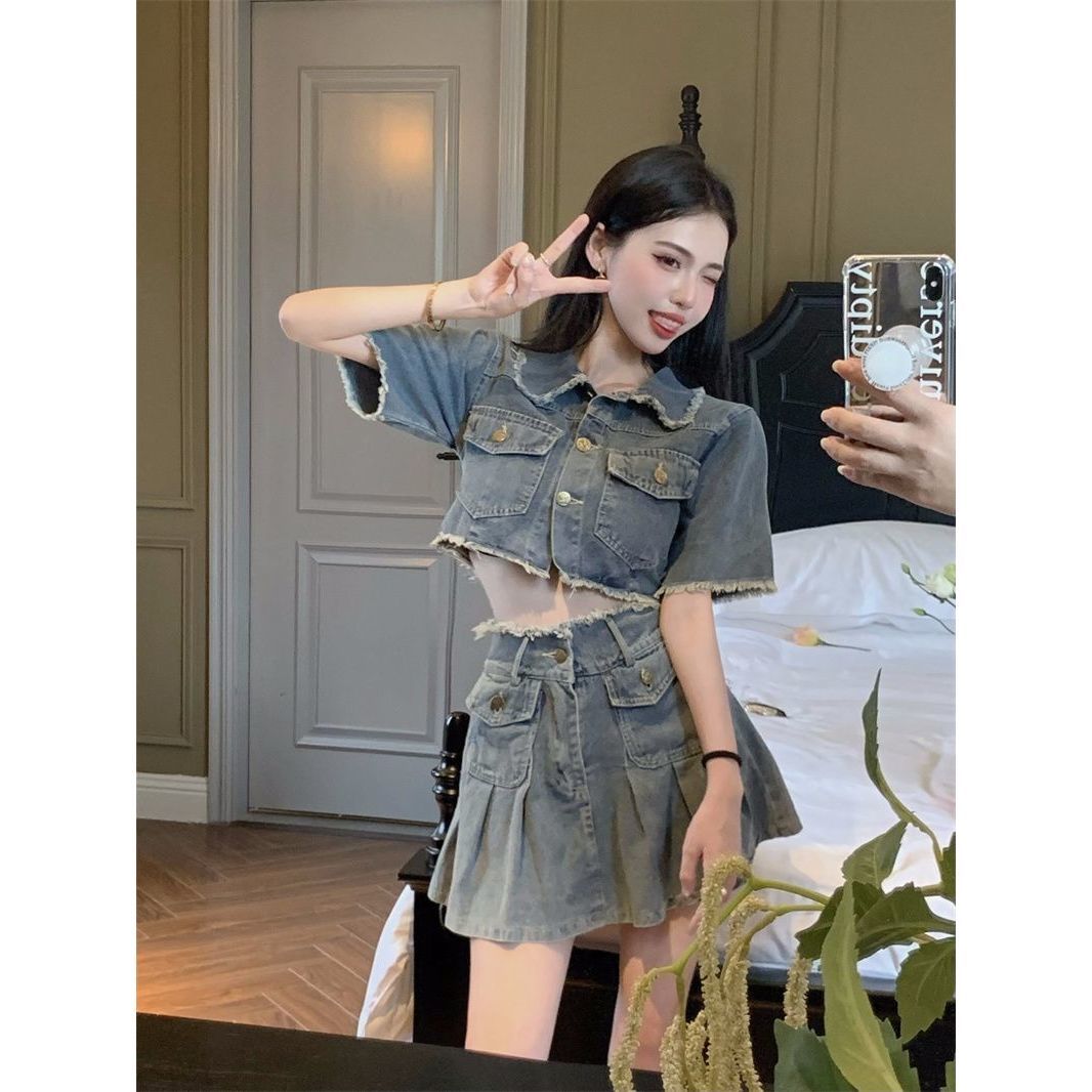 Washed Vintage short sleeved denim shirt women's summer spice loose Polo neck short design sense niche top