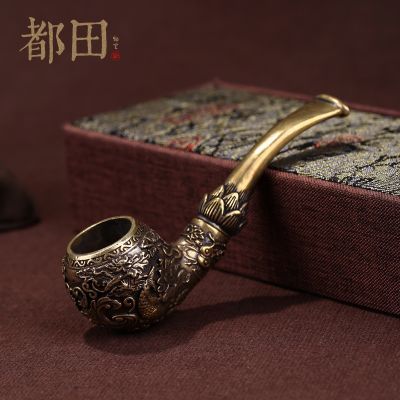 手工鲤鱼雕花设计传统旱烟袋老式纯铜一体锅创意男士烟斗烟具礼物