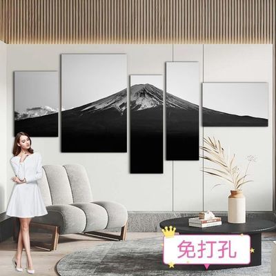 富士山挂画黑白房间现代简约客厅沙发墙壁画卧室日照金山装饰画组