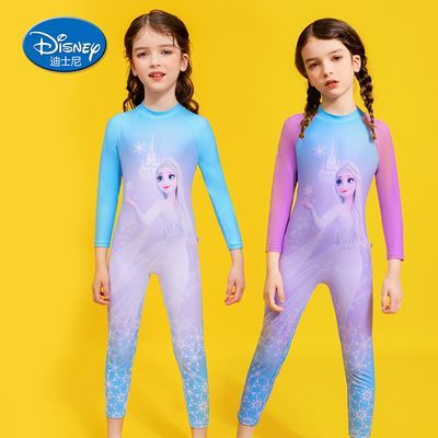 迪士尼儿童泳衣女童连体长袖长裤2023年新款冰雪奇缘防晒公主