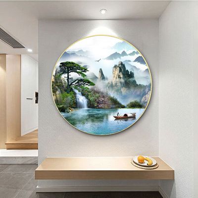 新中式圆形装饰画茶室餐厅挂画招财山水画入户玄关客厅禅意晶瓷画