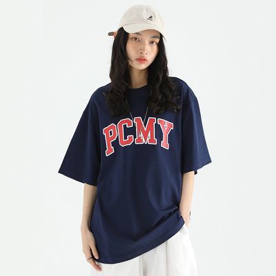 PCMY美式字母发泡印花纯棉新款夏季短袖t恤男女同款高街ins风宽松