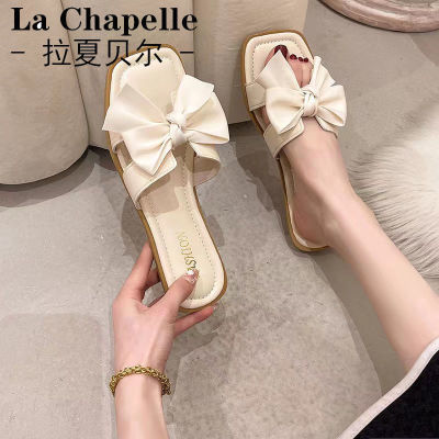 180855/La Chapelle拉夏贝尔百搭拖鞋女夏仙女气质平底一字拖蝴蝶结凉拖3