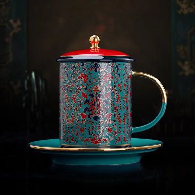 高端珐琅彩宫廷办公杯陶瓷带盖茶杯办公中式个人专用水杯男女杯子