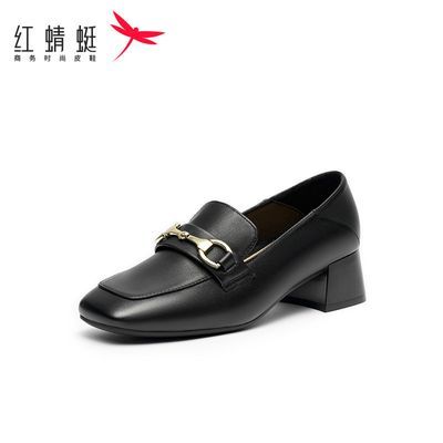 红蜻蜓女鞋新款小皮鞋舒适粗跟一脚蹬休闲百搭单鞋WCB3212