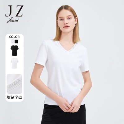 JZ玖姿字母烫钻上衣女装夏季新款时尚开衩打底小衫短袖棉T恤