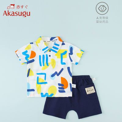 Akasugu 儿童夏装男男童polo衫帅气儿童短裤宝宝夏季套装100%纯棉