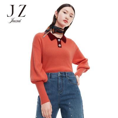 JZ玖姿秋季新款复古撞色羊毛时尚设计感女针织毛衣