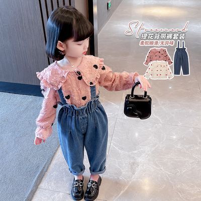 女童秋装2022新款套装韩版儿童背带裤小童衬衫宝宝洋气牛仔两件套