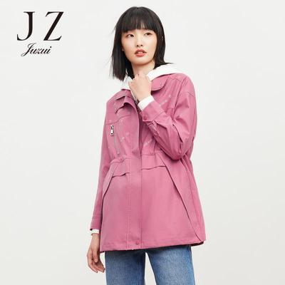 JZ玖姿秋季新款字母刺绣休闲时尚抽绳女风衣外套