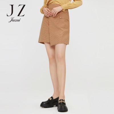 JZ玖姿秋季新款红咖色时尚格纹不规则活页女半身裙