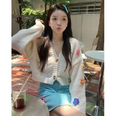 2025春秋新款小众百搭甜美风短款两粒扣针织衫立体长袖开衫衣
