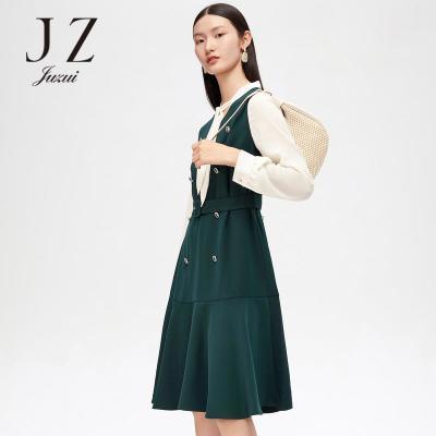 JZ玖姿秋季新款墨绿色拼接气质通勤收腰女雪纺连衣裙