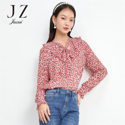 JZ玖姿秋季新款日系淑女田园风碎花系带优雅女雪纺衫