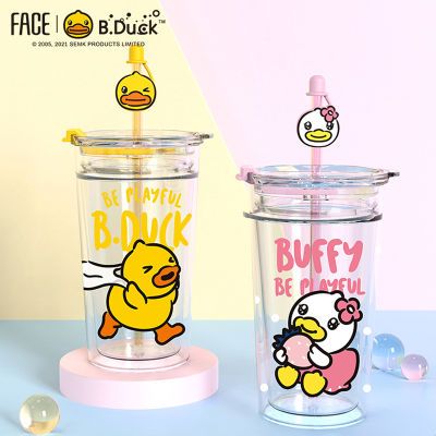 B.Duck小黄鸭玻璃杯吸管杯印花双层高硼硅玻璃带盖卡通可爱果汁杯