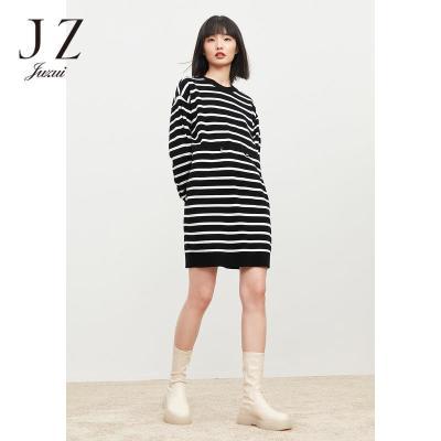 JZ玖姿羊毛简约条纹抽绳中长款黑白撞色女连衣裙-JUZUI秋季新款