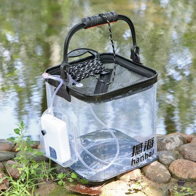 加厚底耐磨透明打水桶折叠水桶eva钓鱼桶养鱼桶侧包款可挂增氧泵
