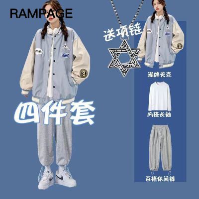 190051/【四件套】外套女春秋港风男女情侣甜美原宿ins棒球服休闲套装潮