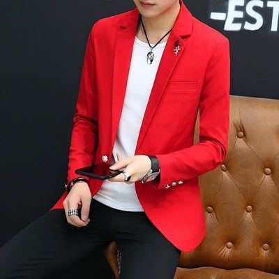 秋季帅气休闲红色西服男士单西韩版潮流修身青年小西装外套男装潮