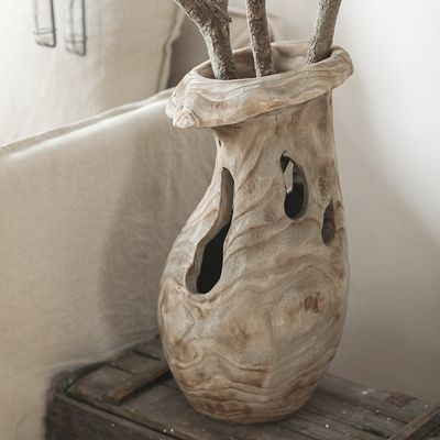 实木镂空猪笼草花瓶诧寂风民宿装饰摆件创意设计复古做旧玄关花器