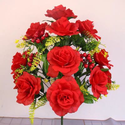 仿真18头发财果红色玫瑰花束把花居家客厅装饰摆放假花婚庆塑料