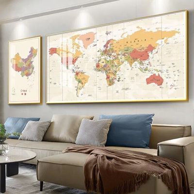 客厅中英文装饰画世界地图挂画北欧沙发背景墙书房办公室大画壁画