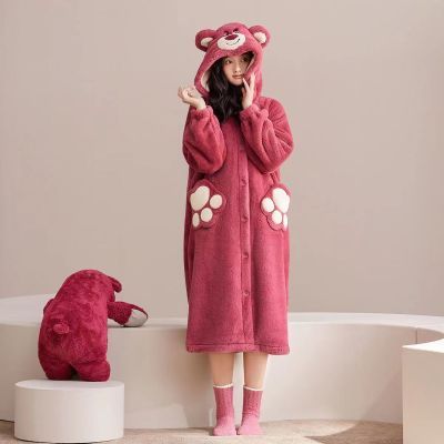秋冬季珊瑚绒卡通睡袍女甜美可爱学生加厚草莓熊睡裙毛绒睡衣