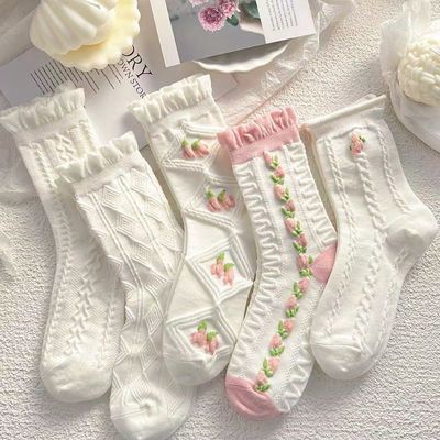 189645/白色jk袜子女中筒泡泡袜夏季薄款夏天纯棉可爱日系花边长袜