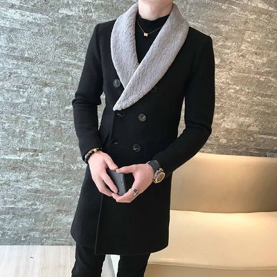 双排扣毛呢大衣男中长款 韩版 潮流妮子风衣修身青年帅气外套秋冬