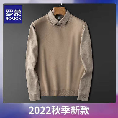 Romon/罗蒙2022春秋冬新款假两件毛衣男士休闲商务衬衫领针织衫