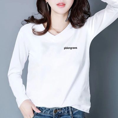 白色V领长袖t恤女宽松春秋季新款内搭打底衫简约百搭鸡心领上衣潮优惠商品图片