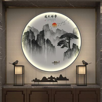 新中式壁画灯圆形画LED带灯玄关入户走廊过道背景墙晶瓷山水画