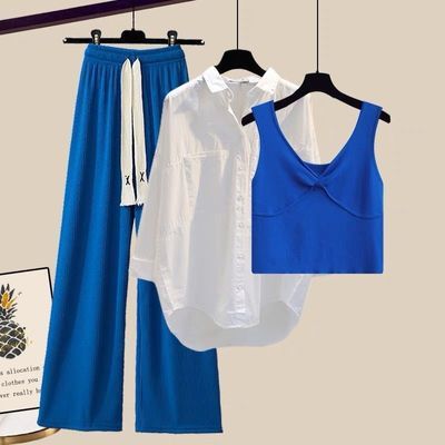 ins网红炸街三件套衬衫蓝色系衣服女背心马甲运动阔腿裤套装女秋优惠商品图片