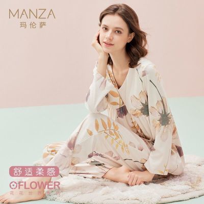 玛伦萨【植物印花】V领睡衣女秋宽松透气长袖套装女士家居服