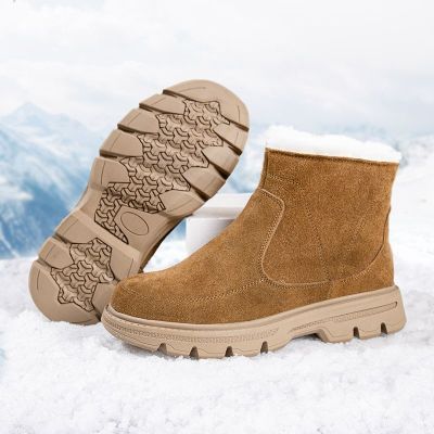户外冬季保暖防滑防水牛皮短筒皮毛一体休闲一脚蹬棉鞋男士雪地靴