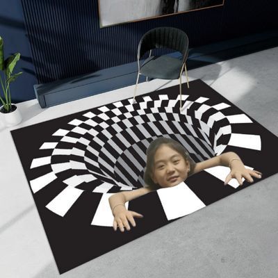 新款立体3d视觉地毯黑白陷阱错觉地毯办公室家用客厅脚垫搞怪地