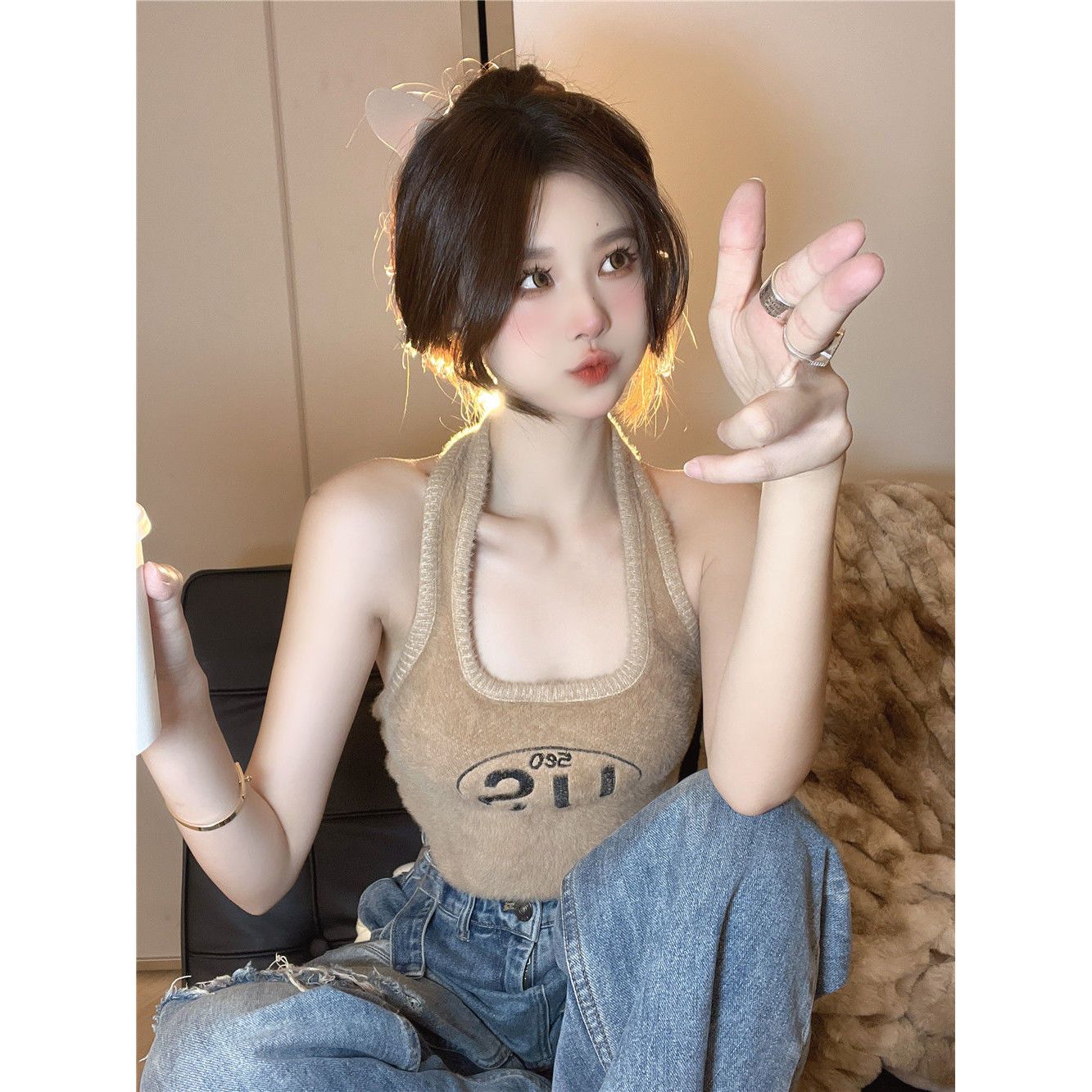 Simple halter neck knitted camisole women's autumn design sense niche inner wear backless sweet and spicy bottoming shirt top