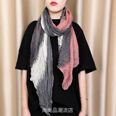 秋冬季保暖棉麻围巾女护颈围脖休闲新款渐变丝巾褶皱包头长巾披肩