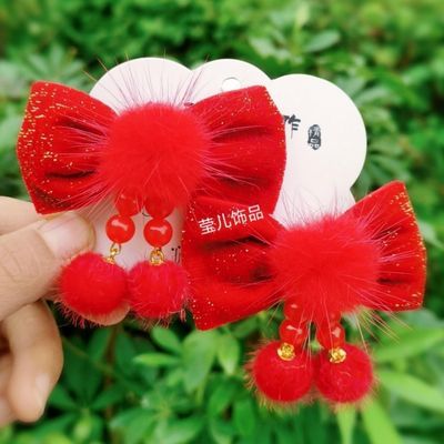 最新款儿童红色蝴蝶结发夹喜庆发饰中国红过年头饰碎发夹新年对夹