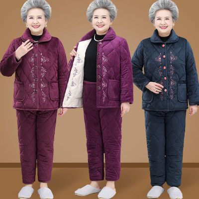 老年人冬装女妈妈装加绒加厚三层睡衣两件套奶奶珊瑚绒保暖家居服