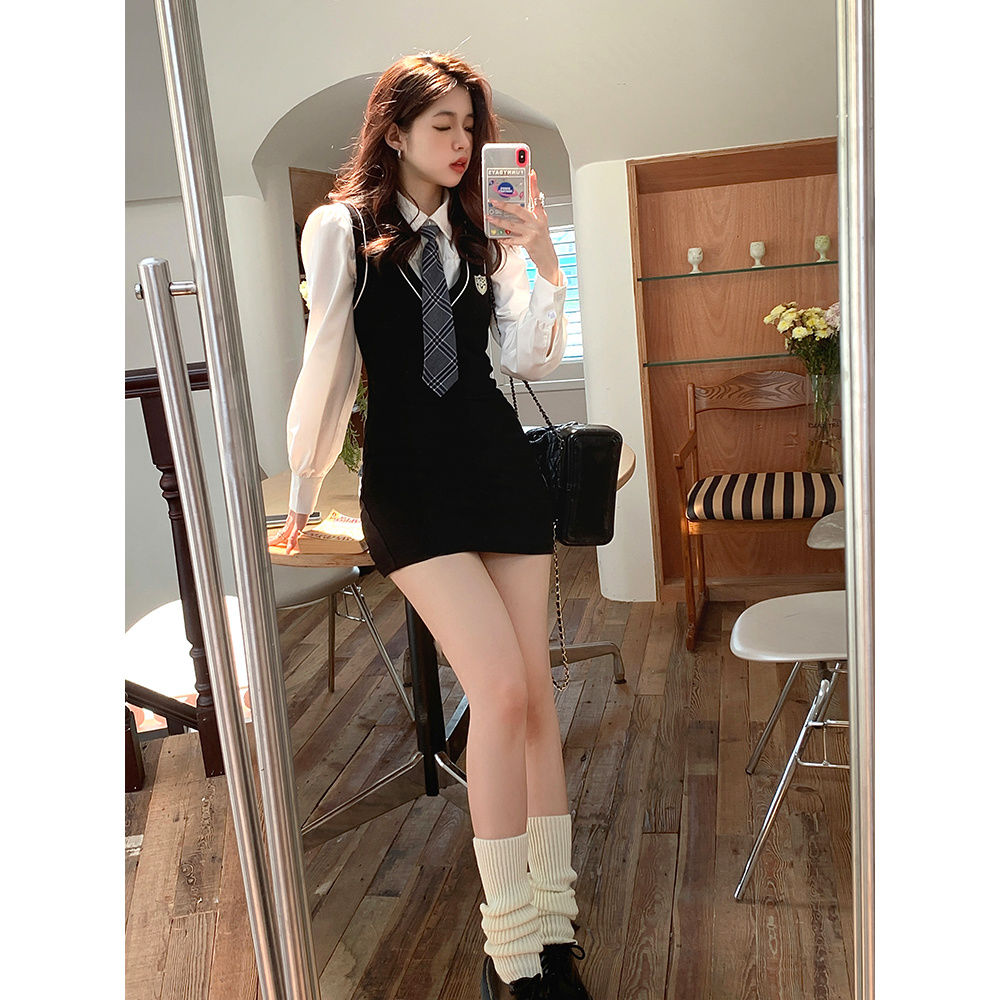 Adan College Wind Suit Skirt Autumn Korean Version Slim Slim Vest Skirt Versatile Short Puff Sleeve Shirt Women
