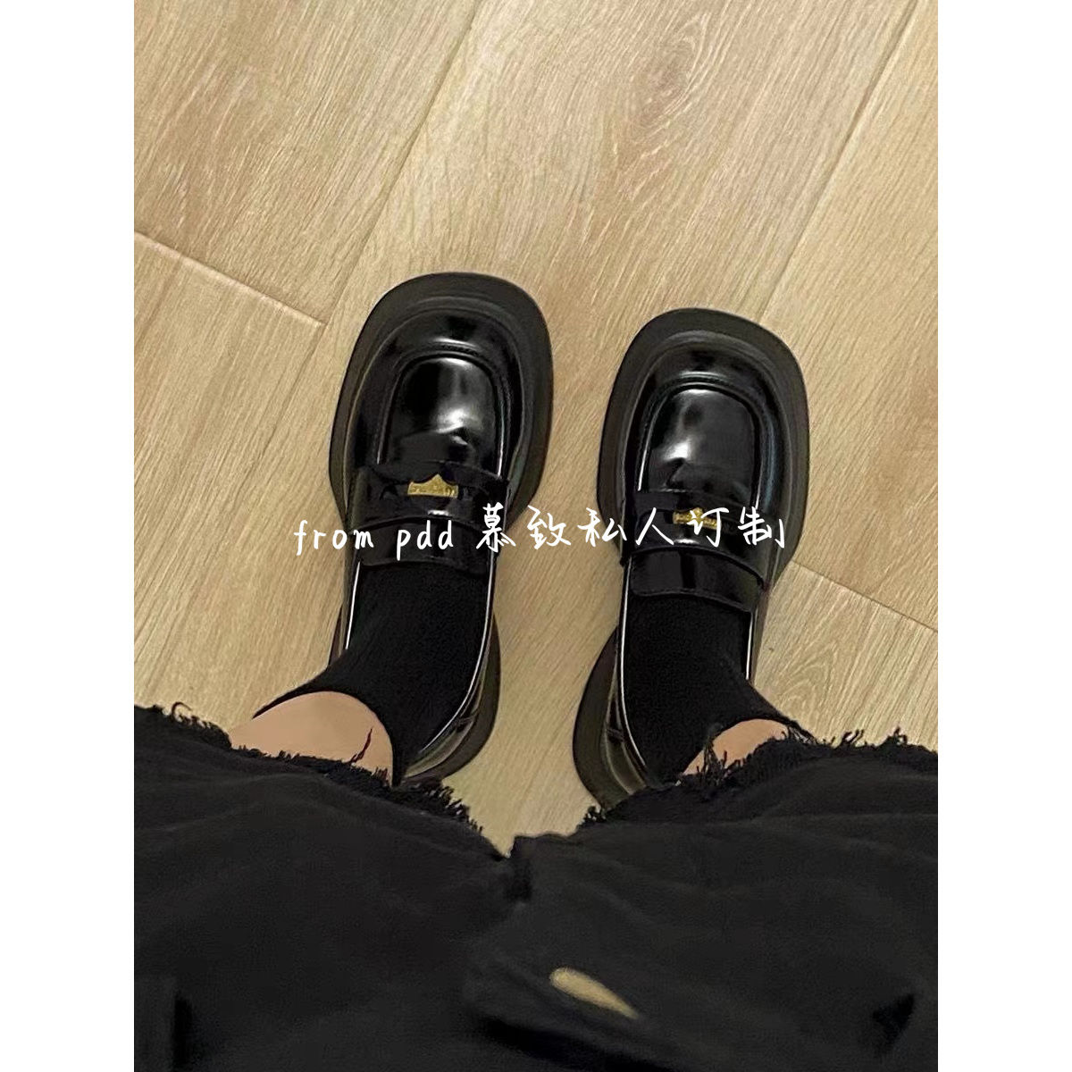 黑色復古英倫風秋冬小皮鞋女2023新款金幣厚底法式一腳蹬樂福單鞋